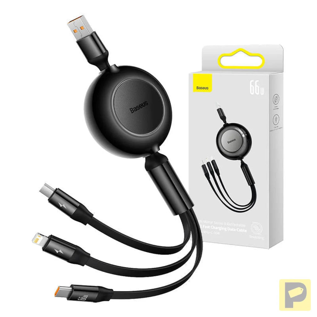 Baseus Bright Mirror 3, USB 3-in-1 cable for micro USB / USB-C / Lightning 66W / 2A 1.1m (Black)