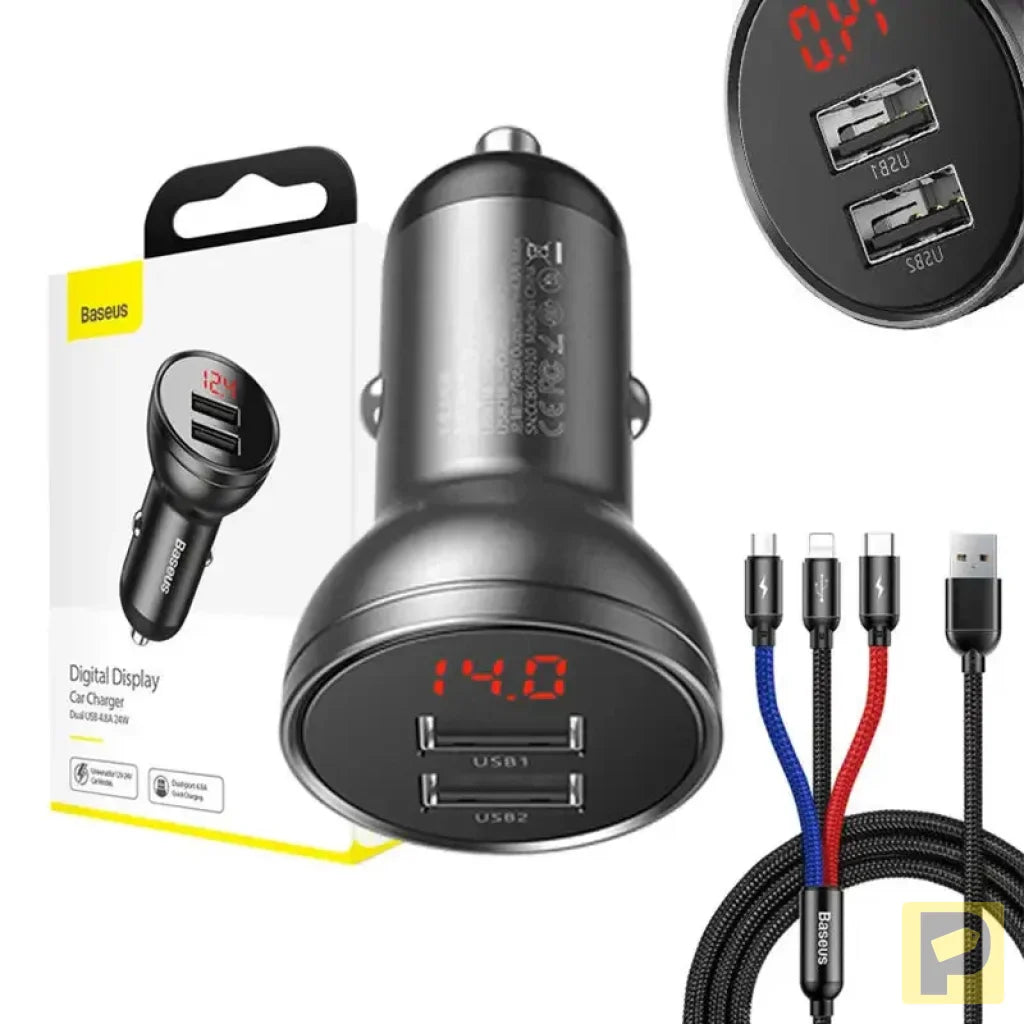Baseus Car Charger with display 24W + Cable USB 3in1 Baseus Three Primary Colors 1,2m