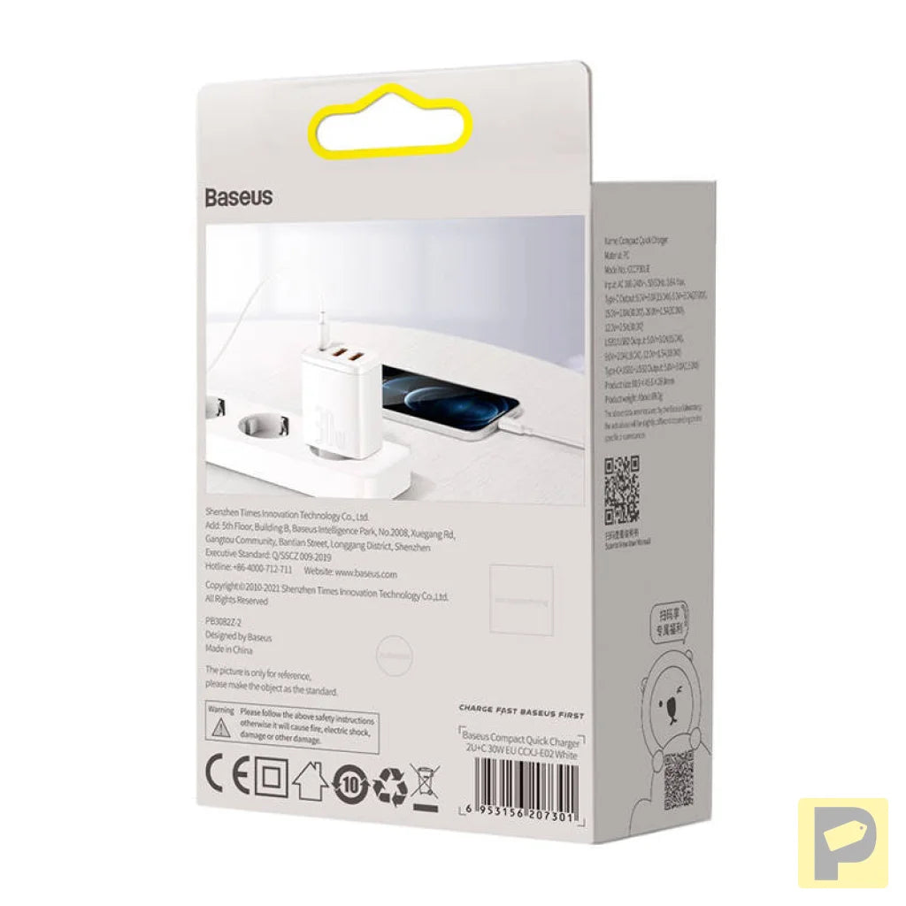 Baseus Compact Quick Charger, 2xUSB, USB-C, PD, 3A, 30W (white)