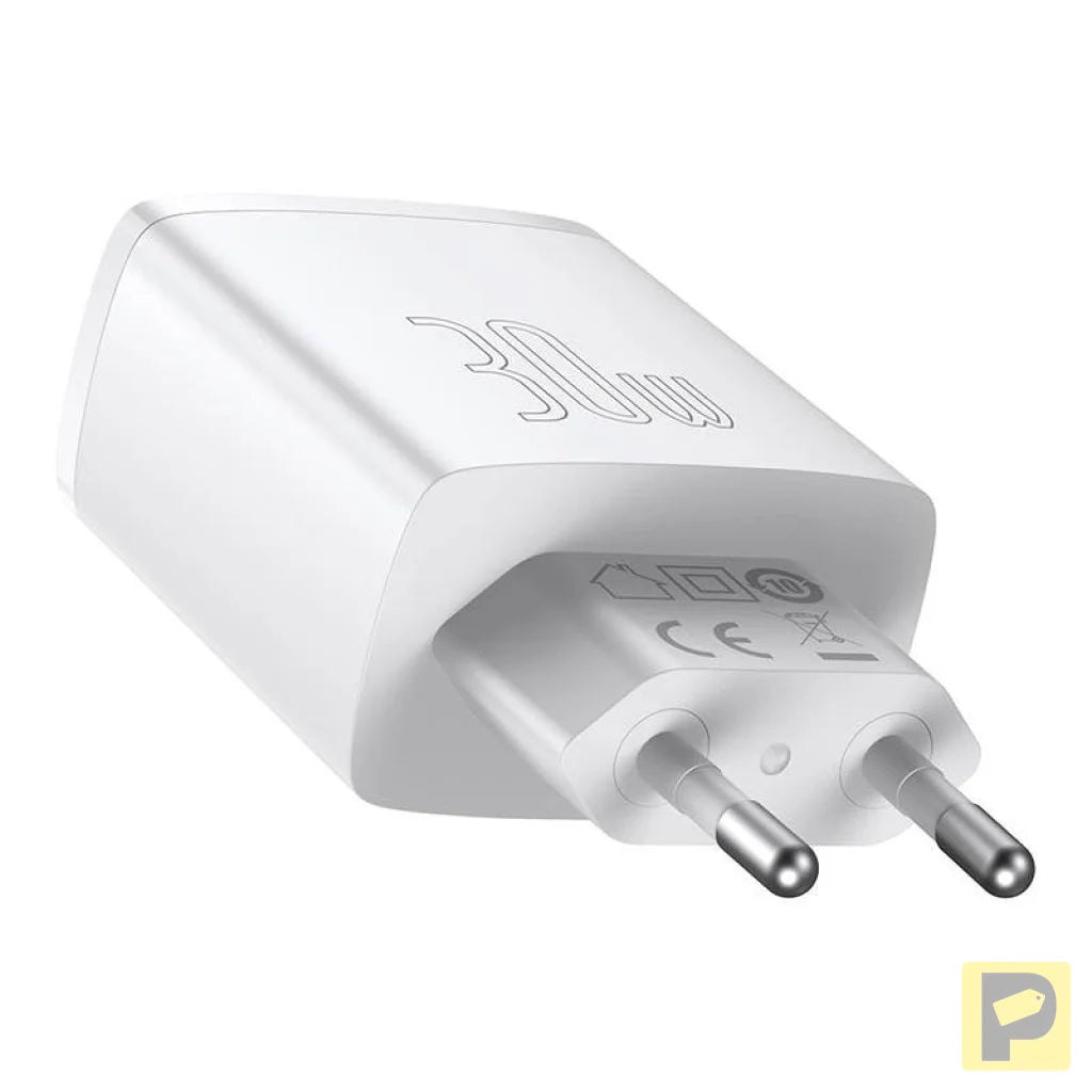Baseus Compact Quick Charger, 2xUSB, USB-C, PD, 3A, 30W (white)