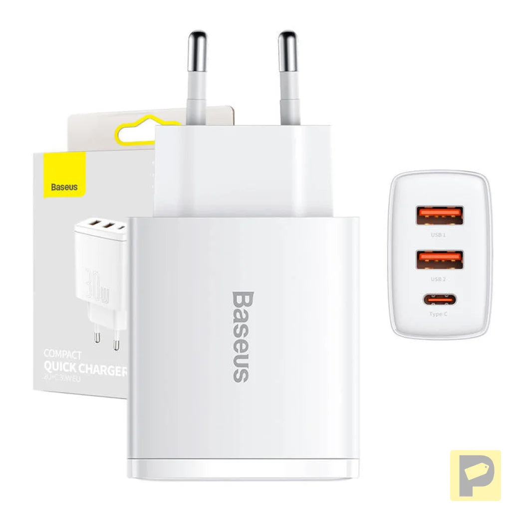Baseus Compact Quick Charger, 2xUSB, USB-C, PD, 3A, 30W (white)