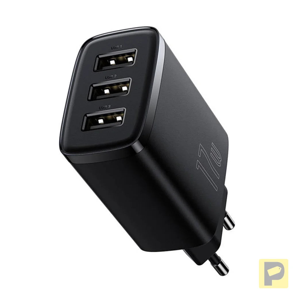 Baseus Compact Quick Charger, 3x USB, 17W (Black)