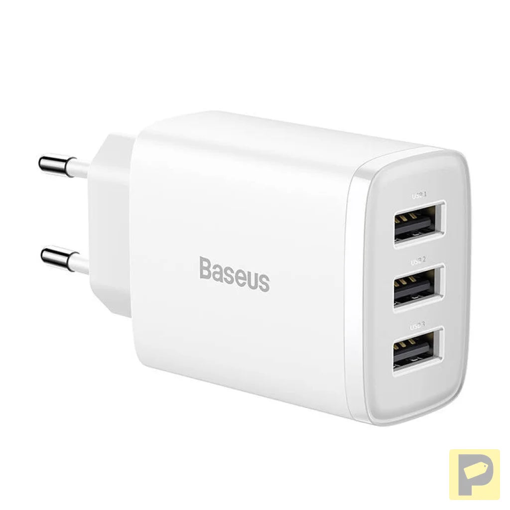 Baseus Compact Quick Charger, 3x USB, 17W (White)