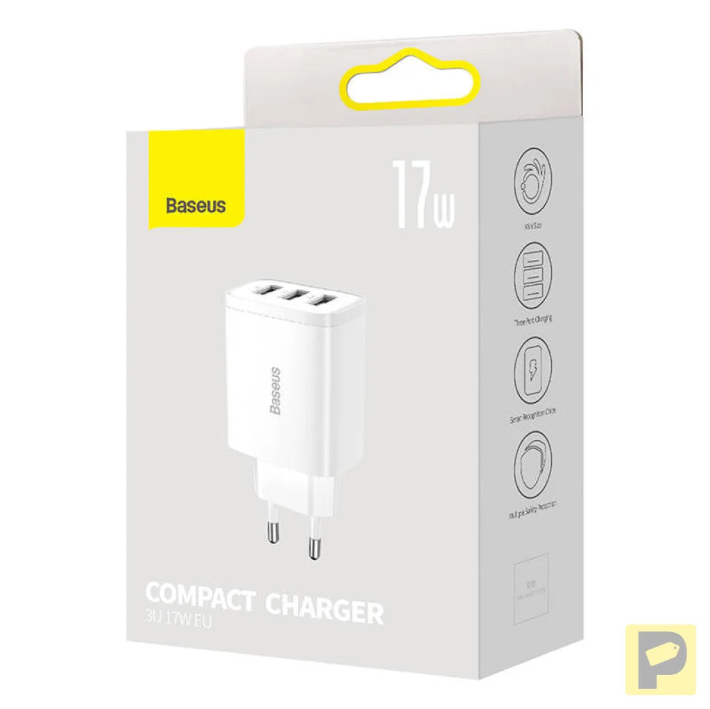 Baseus Compact Quick Charger, 3x USB, 17W (White)