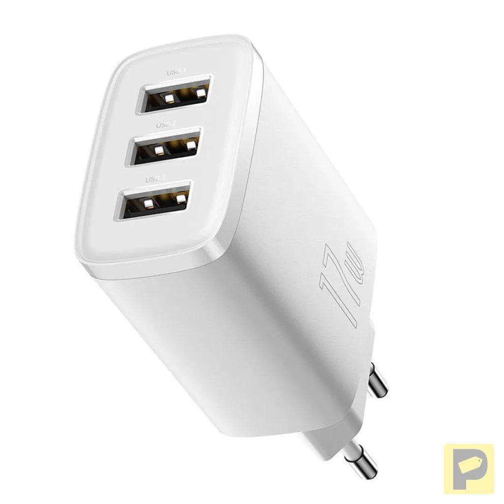 Baseus Compact Quick Charger, 3x USB, 17W (White)