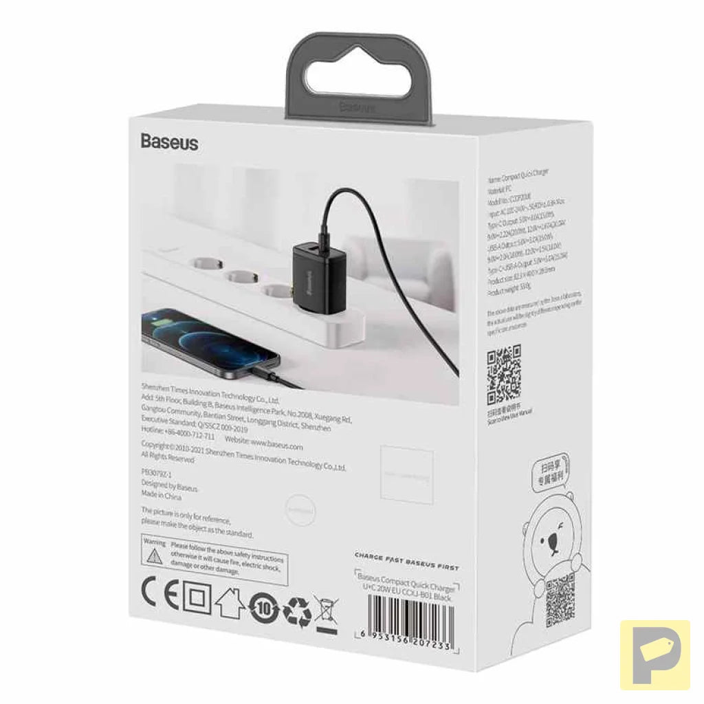 Baseus Compact Quick Charger, USB, USB-C, 20W (black)