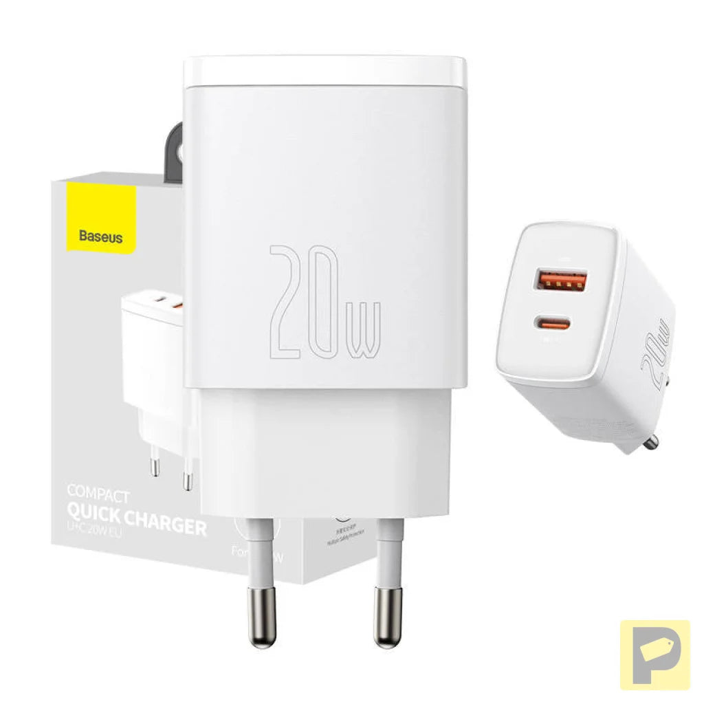 Baseus Compact Quick Charger, USB, USB-C, 20W (white)