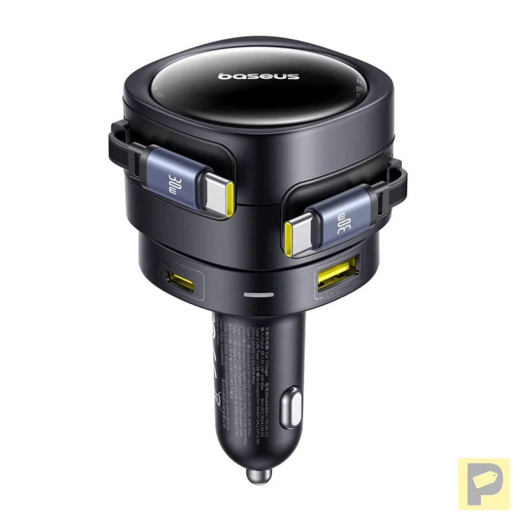 Baseus Enjoyment Max car charger with USB-C+USB-C cables and USB-A+USB-C ports 90W Black