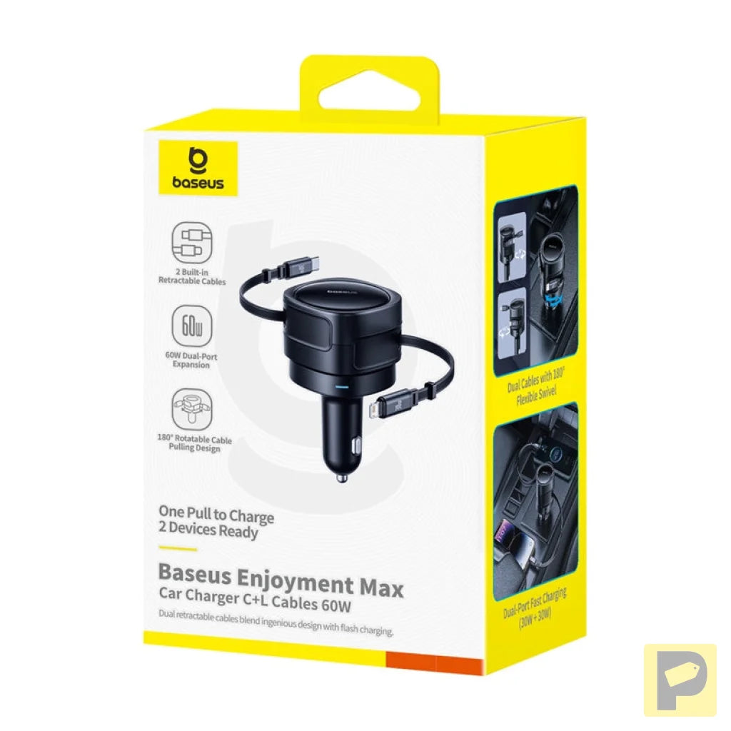 Baseus Enjoyment Max car charger with USB-C+Lightning cables 60W Black