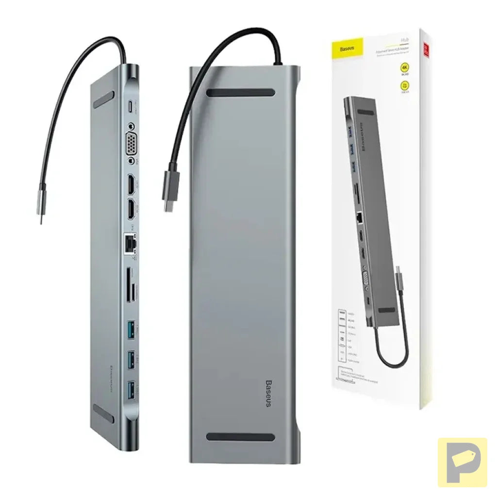 Baseus Enjoyment Series Multi-functional Type-C intelligent HD HUB（PD/HD4K*2/VGA/RJ45/SD/TF/USB*3/Audio*1/Stand)Dark gray