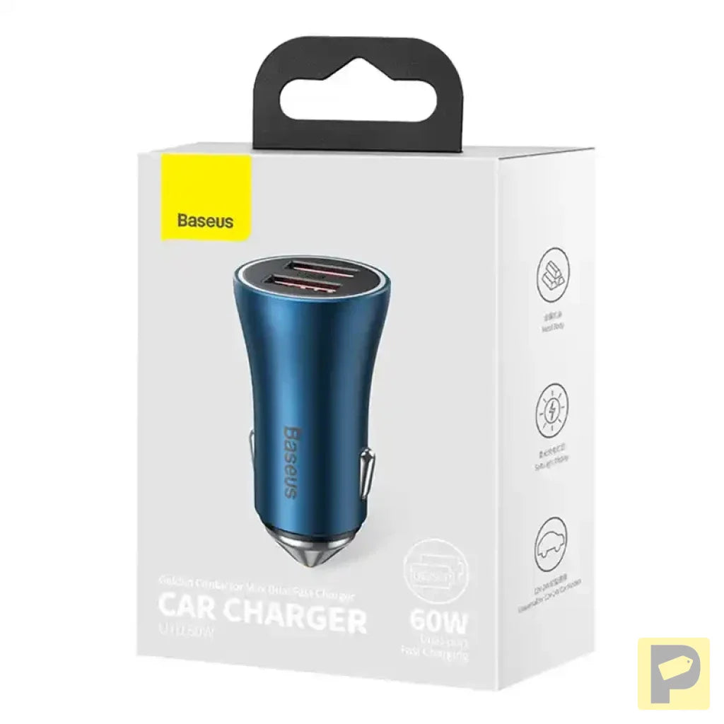 Baseus Golden Contactor Max car charger, 2x USB, 60W (blue)