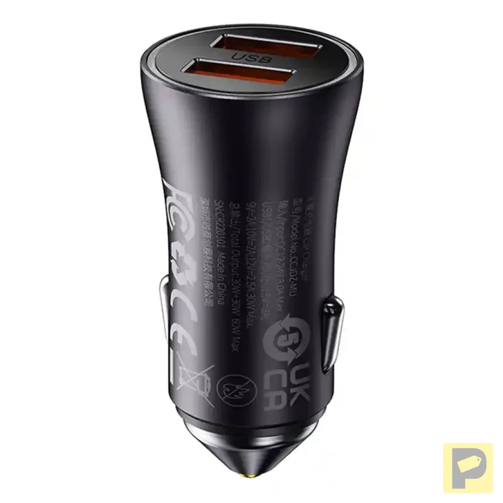 Baseus Golden Contactor Max car charger, 2x USB, 60W (gray)