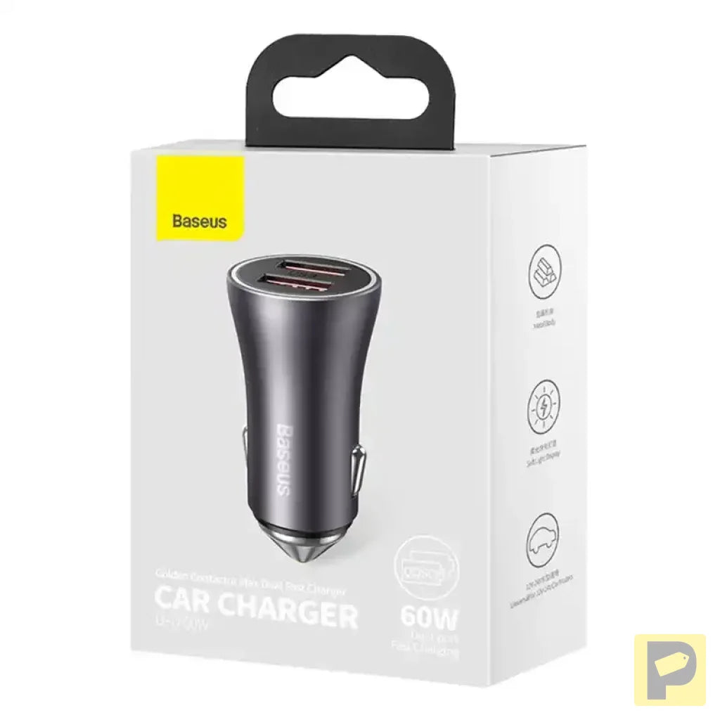Baseus Golden Contactor Max car charger, 2x USB, 60W (gray)