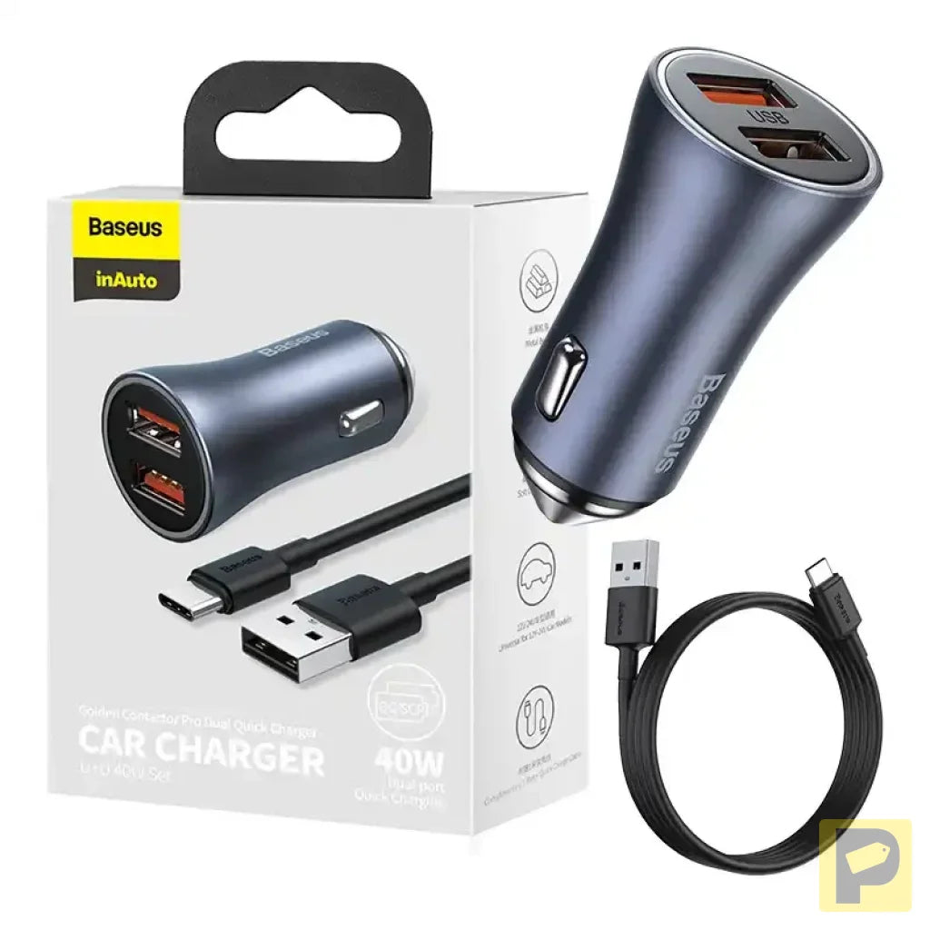 Baseus Golden Contactor Pro Car Charger 2x USB, 40W (gray) +  Cable USB to USB-C 1m (black)