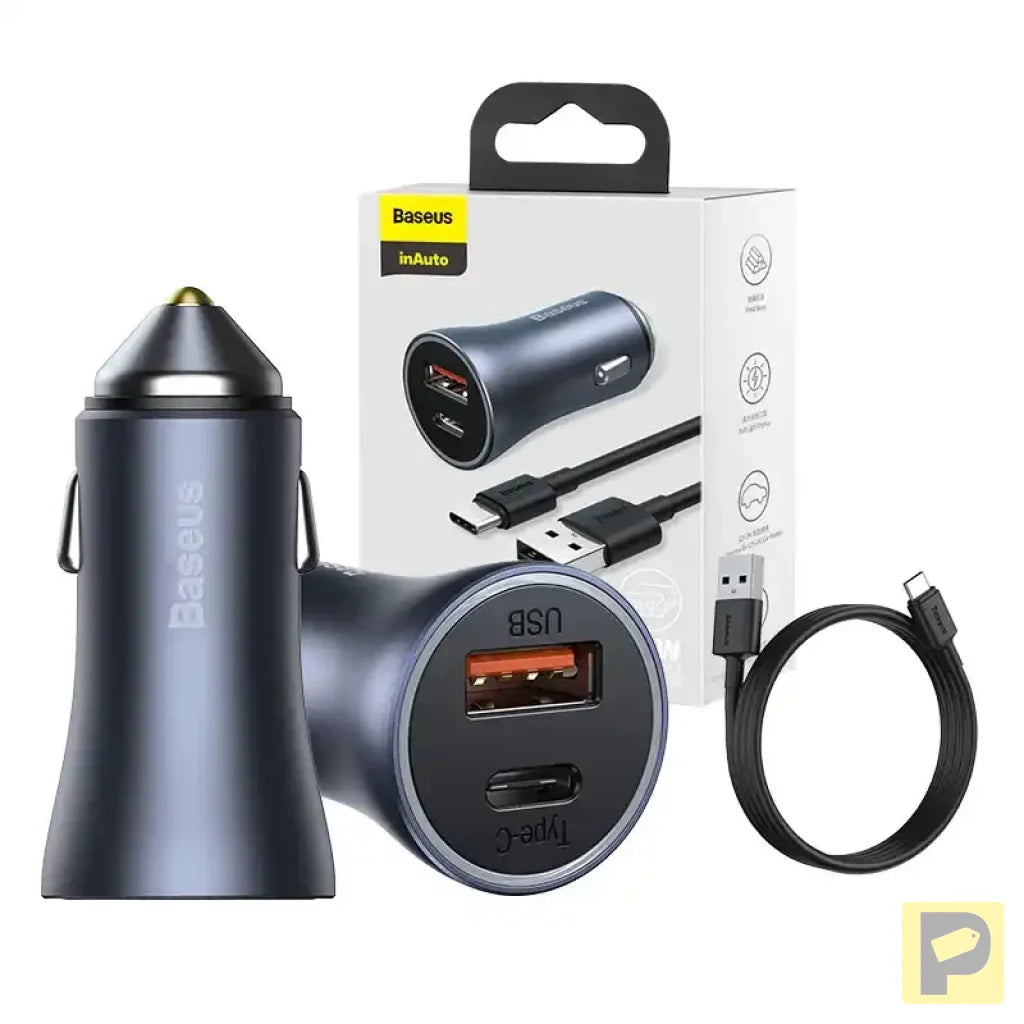 Baseus Golden Contactor Pro Car Charger USB + USB-C, QC4.0+, PD, SCP, 40W (gray) + CabelUSB do USB-C 1m (black)