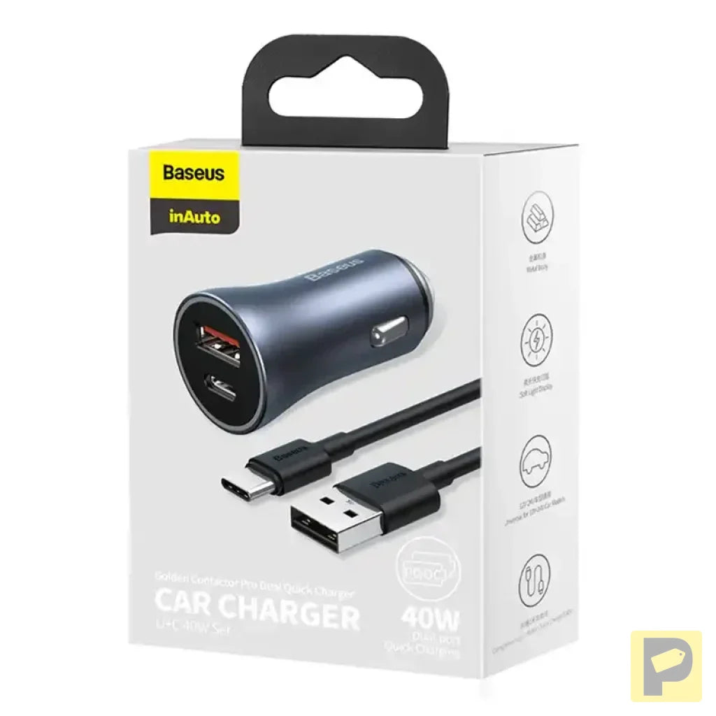 Baseus Golden Contactor Pro Car Charger USB + USB-C, QC4.0+, PD, SCP, 40W (gray) + CabelUSB do USB-C 1m (black)