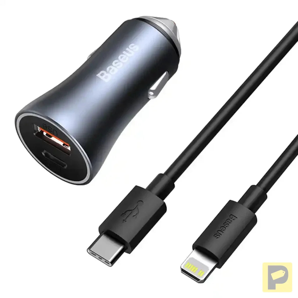 Baseus Golden Contactor Pro Car Charger USB + USB-C, QC4.0+, PD, SCP, 40W (gray) + Cable USB-C do iP 1m (black)