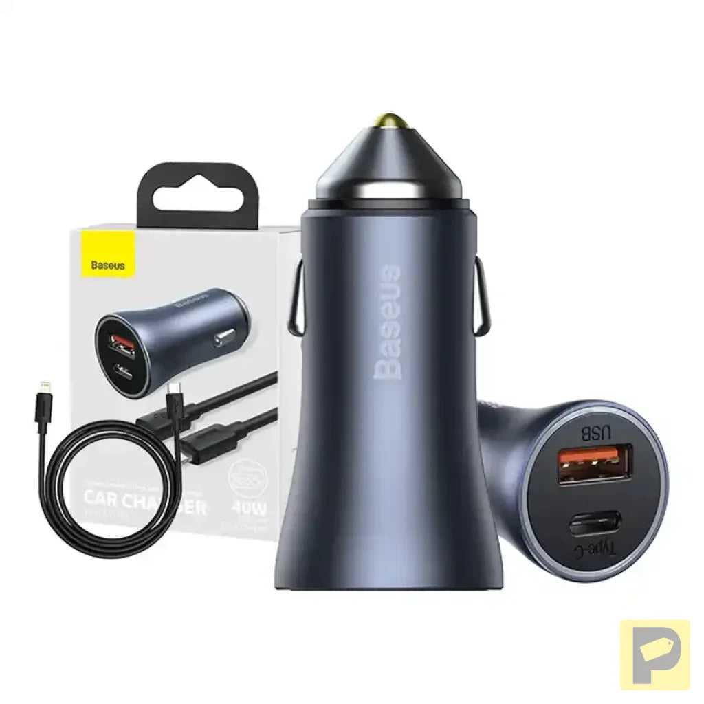 Baseus Golden Contactor Pro Car Charger USB + USB-C, QC4.0+, PD, SCP, 40W (gray) + Cable USB-C do iP 1m (black)