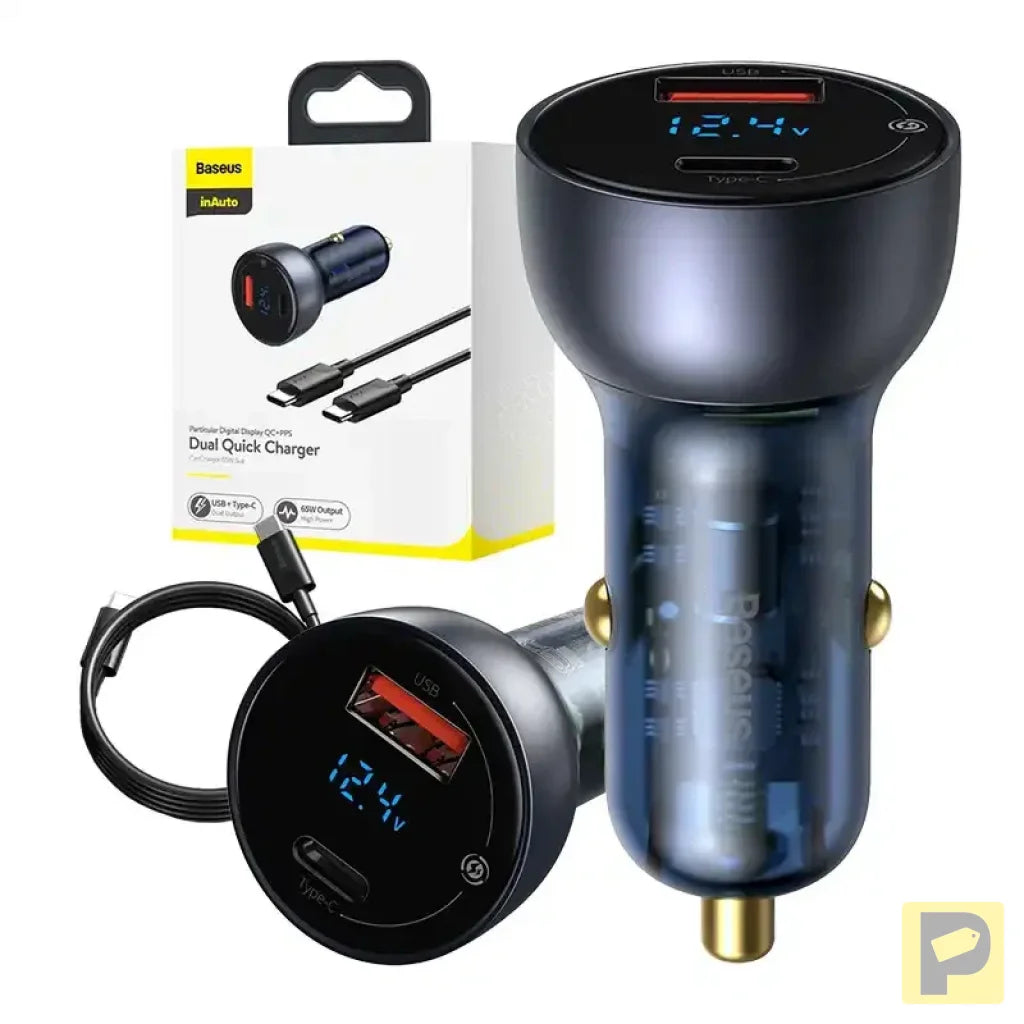 Baseus Particular Digital Display Car Charger , USB + USB-C, QC3.0+PD, 5A, 65W (gray) + Cable USB-C 1m 100W (black)