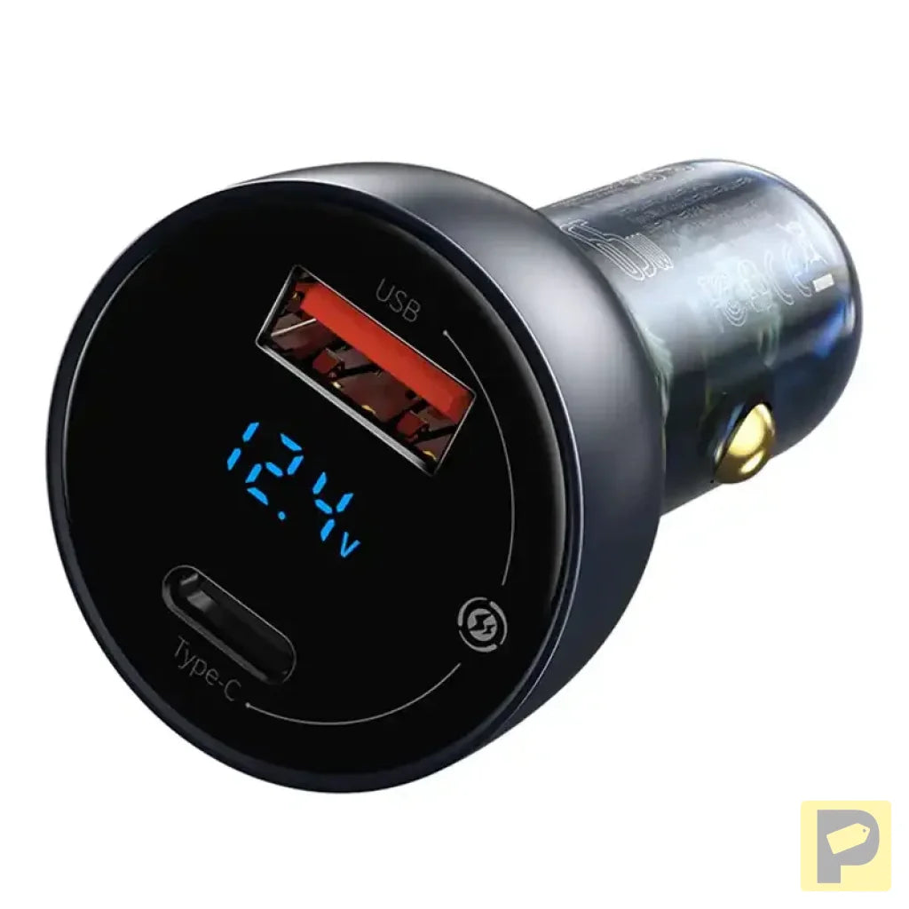 Baseus Particular Digital Display Car Charger , USB + USB-C, QC3.0+PD, 5A, 65W (gray) + Cable USB-C 1m 100W (black)