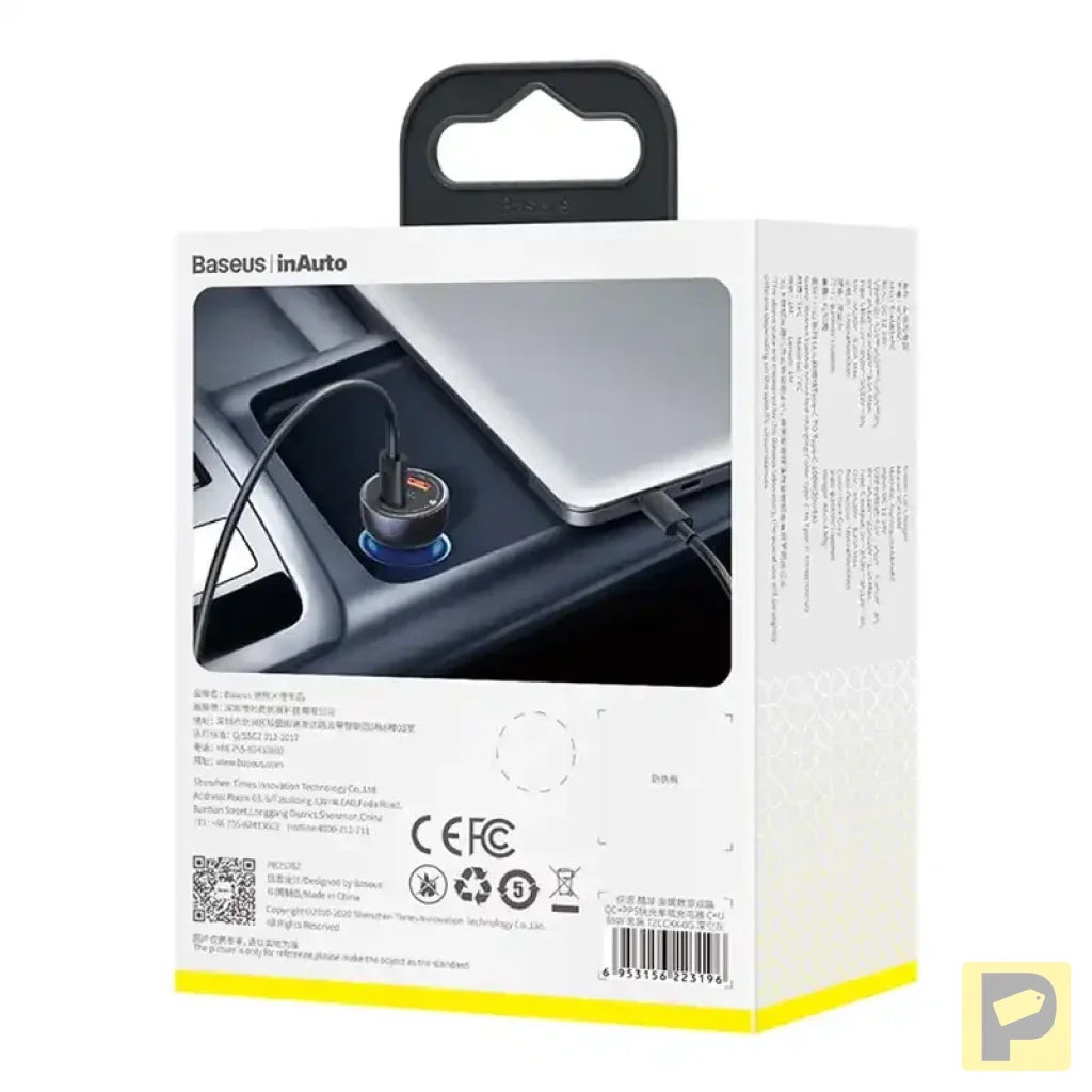 Baseus Particular Digital Display Car Charger , USB + USB-C, QC3.0+PD, 5A, 65W (gray) + Cable USB-C 1m 100W (black)