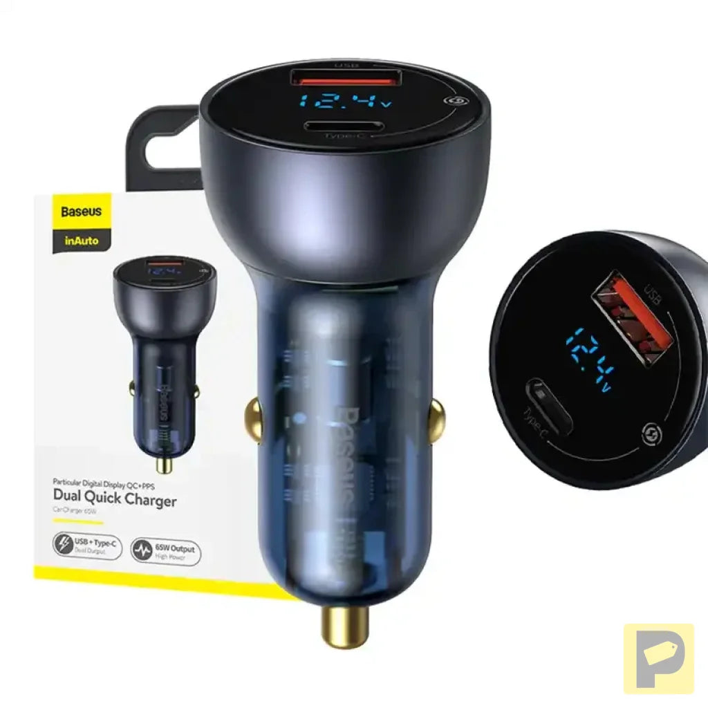 Baseus Particular Digital Display car charger with display, USB + USB-C, QC3.0+PD, 5A, 65W (gray)