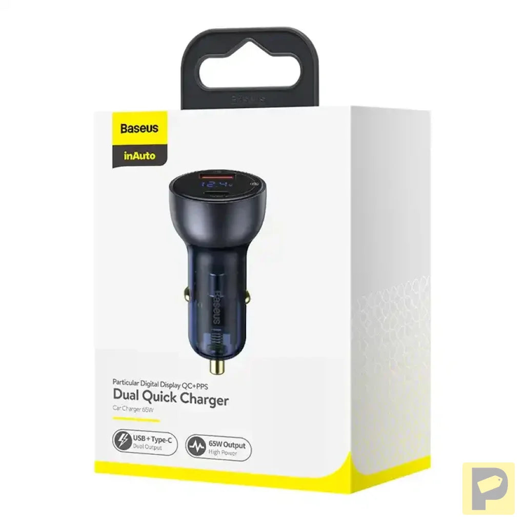 Baseus Particular Digital Display car charger with display, USB + USB-C, QC3.0+PD, 5A, 65W (gray)