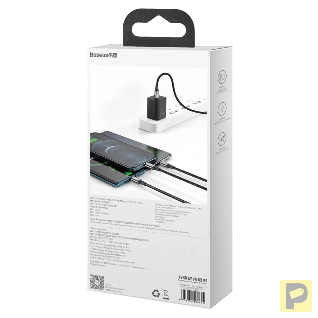 Baseus Rapid Series 3-in-1 cable USB-C For M+L+T 20W 1.5m Black