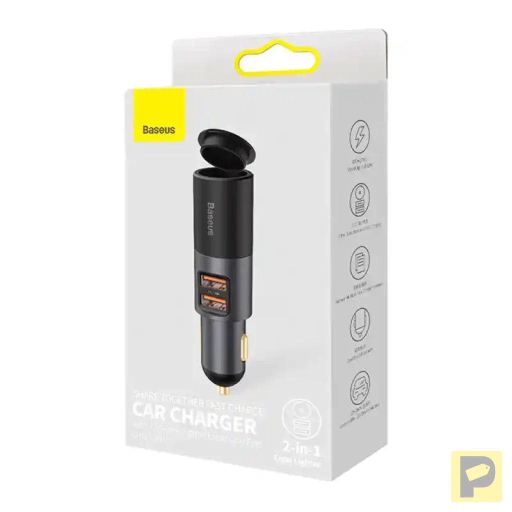 Baseus Share Together Fast Charge Car Charger with Cigarette Lighter Expansion Port, 2x USB, 120W (Gray)