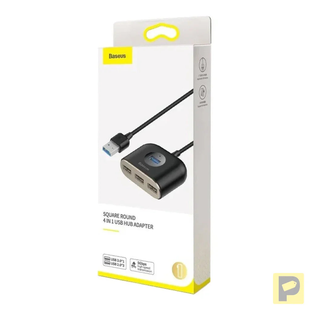 Baseus Square Round USB Adapter, HUB USB 3.0 to 1x USB 3.0 + 3x USB 2.0.1m (Black)