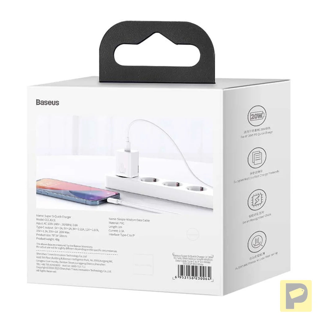 Baseus Super Si Quick Charger 1C 20W with USB-C cable for Lightning 1m (white)