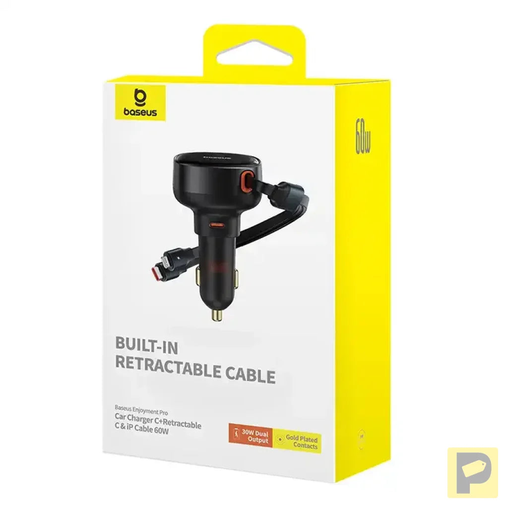Car Charger Baseus Enjoyment USB-C with USB-C cable and Lightning  60W (black)