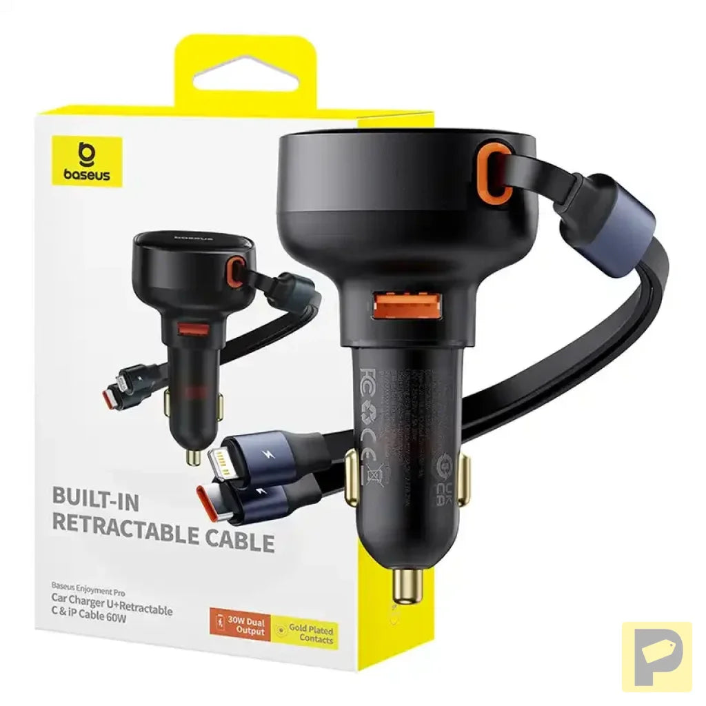 Car Charger Baseus Enjoyment USB with USB-C cable and Lightning  60W (black)