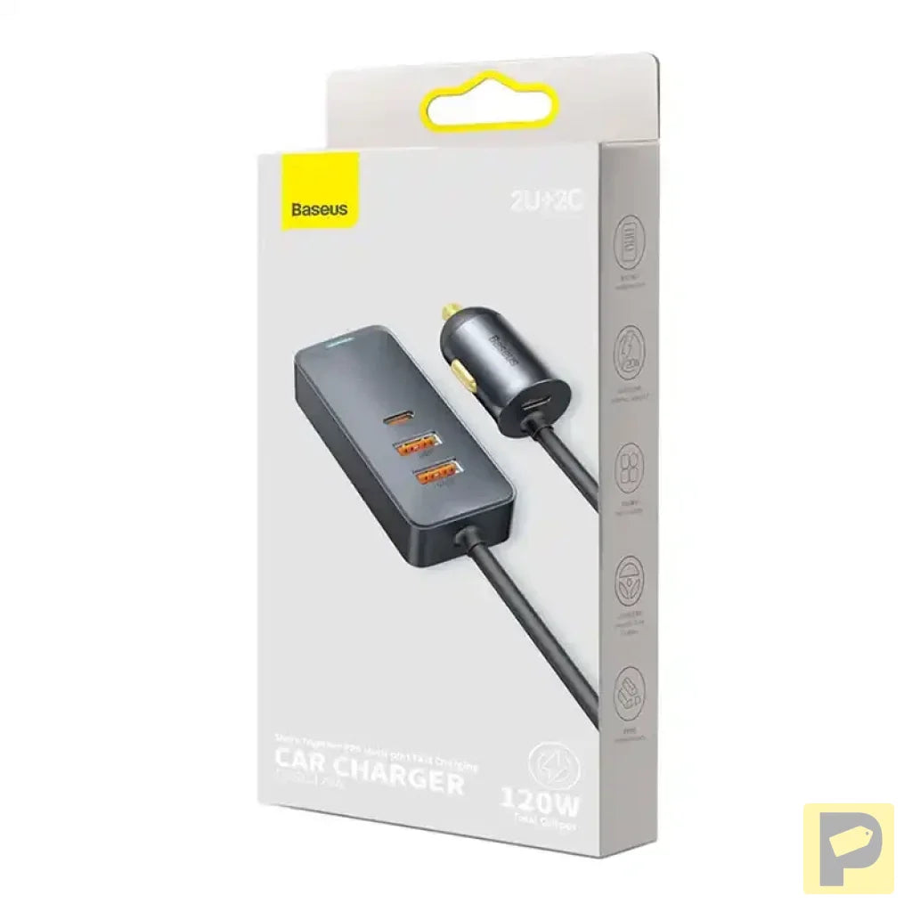 Car charger Baseus Share Together with extension cord, 2x USB, 2x USB-C, 120W (grey)