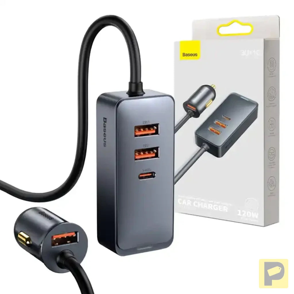 Car charger Baseus Share Together with extension cord, 3x USB, USB-C, 120W (grey)