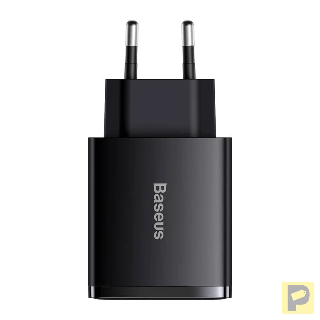 Charger Baseus Compact Quick Charger, 2xUSB, USB-C, PD, 3A, 30W (czarna)