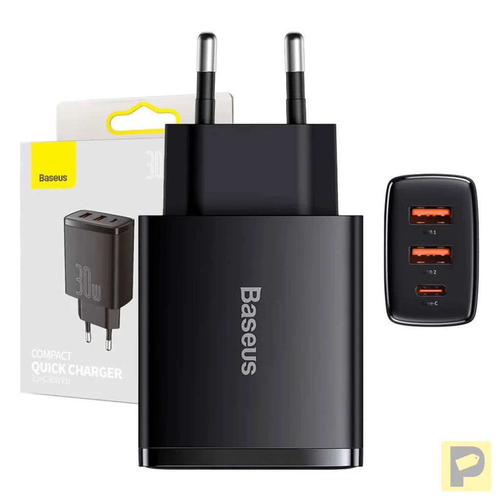 Charger Baseus Compact Quick Charger, 2xUSB, USB-C, PD, 3A, 30W (czarna)