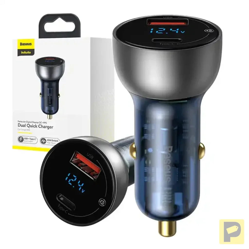 Dual Quick Charger Car Charger Baseus Particular Digital Display QC+PPS 65W (Silver)
