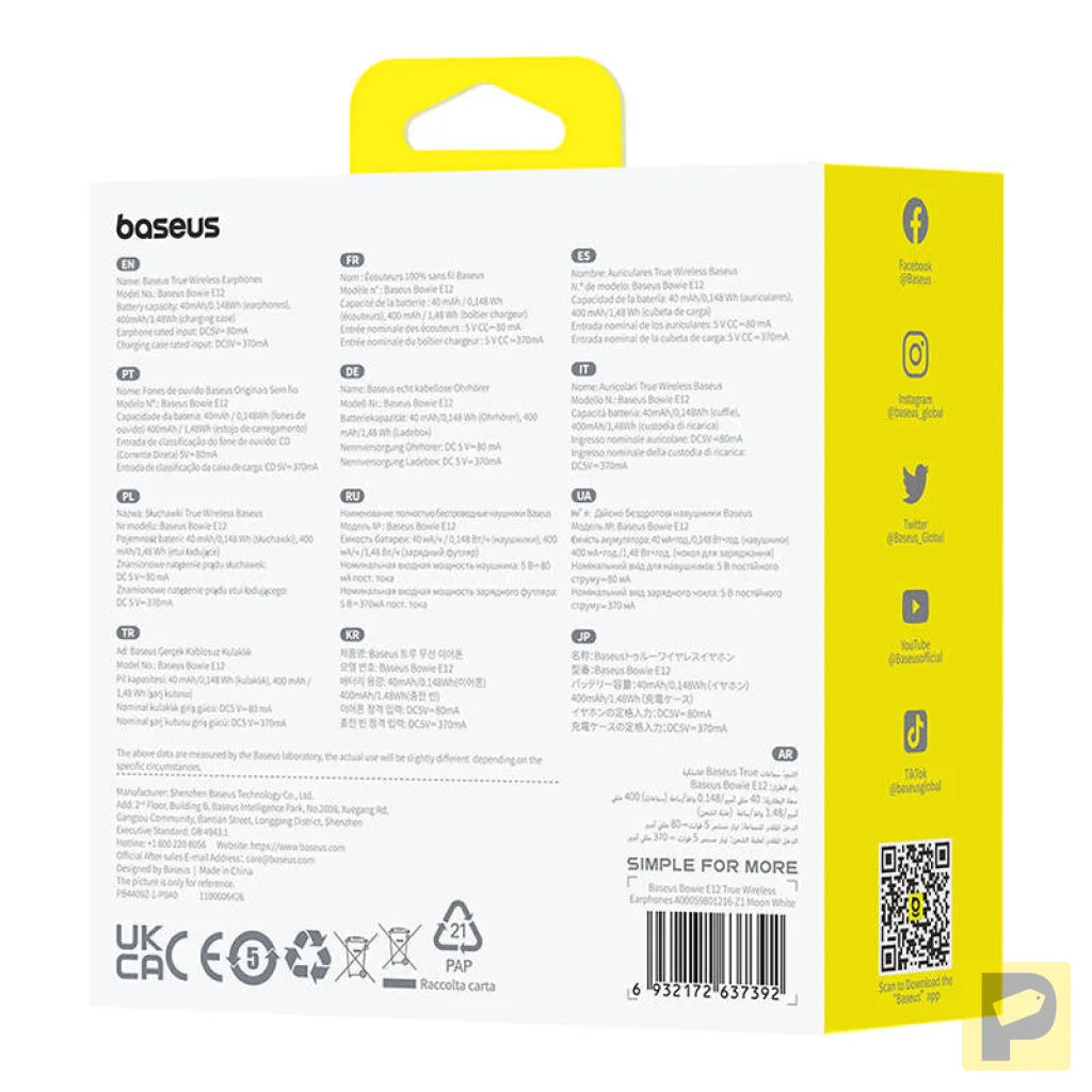 Earphones TWS Baseus Bowie E12 (white)