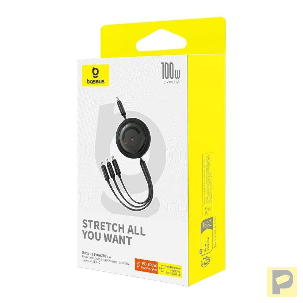 Fast Charging Cable 3in1 Baseus Free2Draw USB-C to USB-C/Lightning/Micro 100W, 1,1m (black)