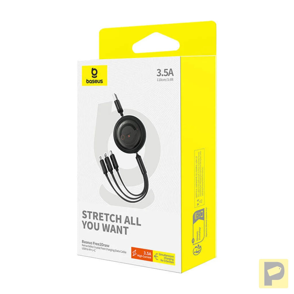 Fast Charging Cable 3in1 Baseus Free2Draw, USB to micro USB+USB-C+Lightning, 3.5A, 1.1m (black)