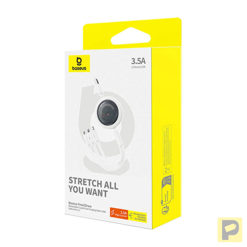 Fast Charging Cable 3in1 Baseus Free2Draw, USB to micro USB+USB-C+Lightning, 3.5A, 1.1m (white)