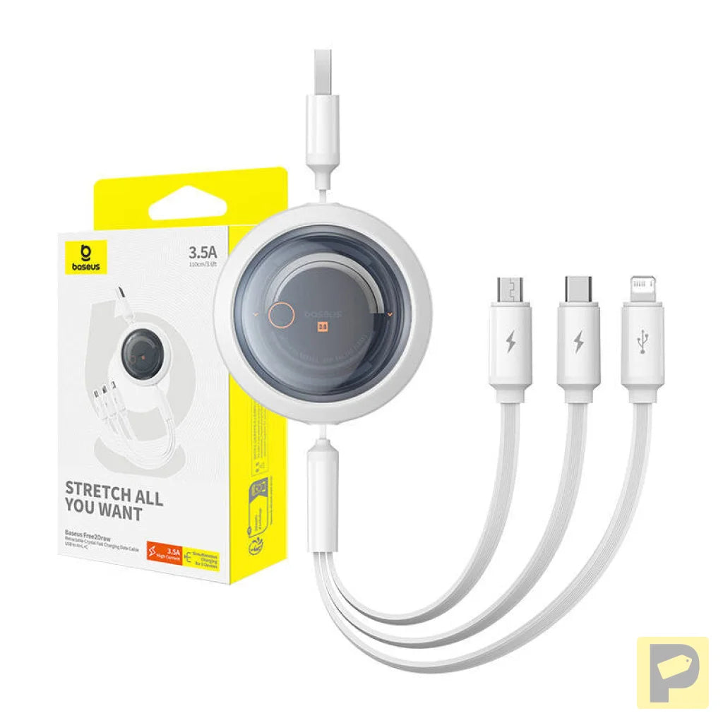 Fast Charging Cable 3in1 Baseus Free2Draw, USB to micro USB+USB-C+Lightning, 3.5A, 1.1m (white)