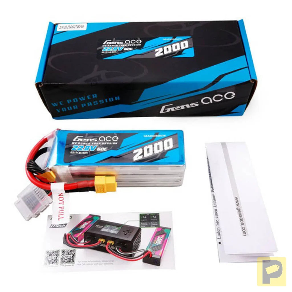 Gens ace 2000mAh 22.8V 60C 6S1P High Voltage Lipo Battery Pack with XT60 Plug