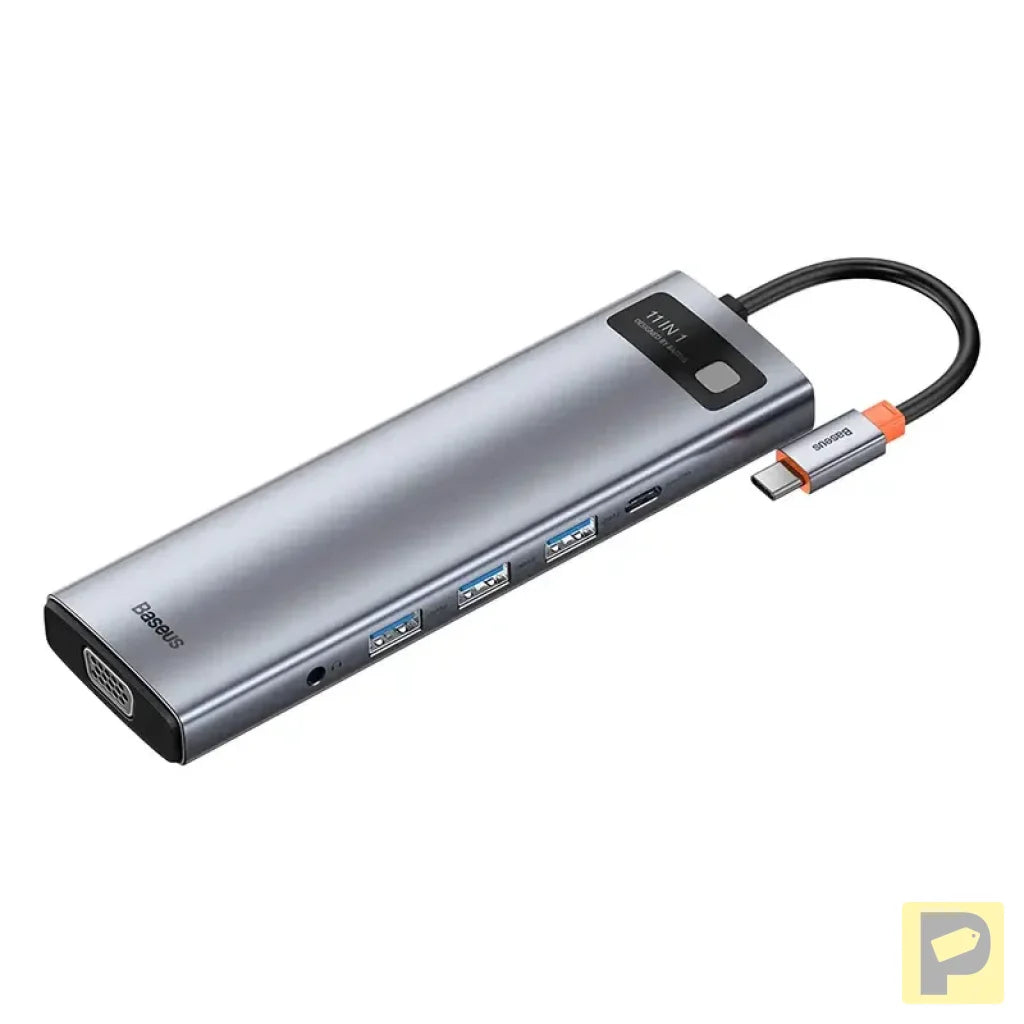 Hub 11in1 Baseus Metal Gleam Series, USB-C to 3x USB 3.0 + 2x HDMI + USB-C PD + Ethernet RJ45 + microSD/SD + VGA + AUX