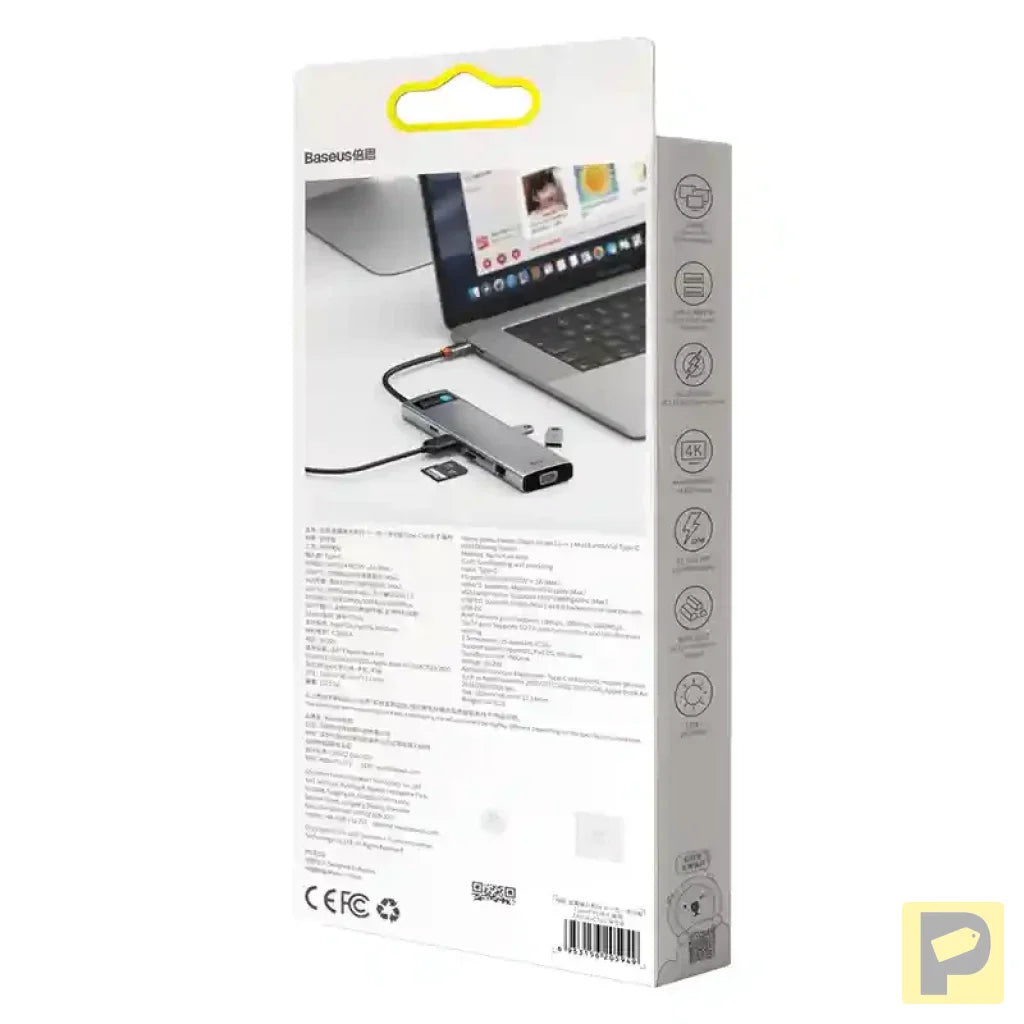 Hub 11in1 Baseus Metal Gleam Series, USB-C to 3x USB 3.0 + 2x HDMI + USB-C PD + Ethernet RJ45 + microSD/SD + VGA + AUX