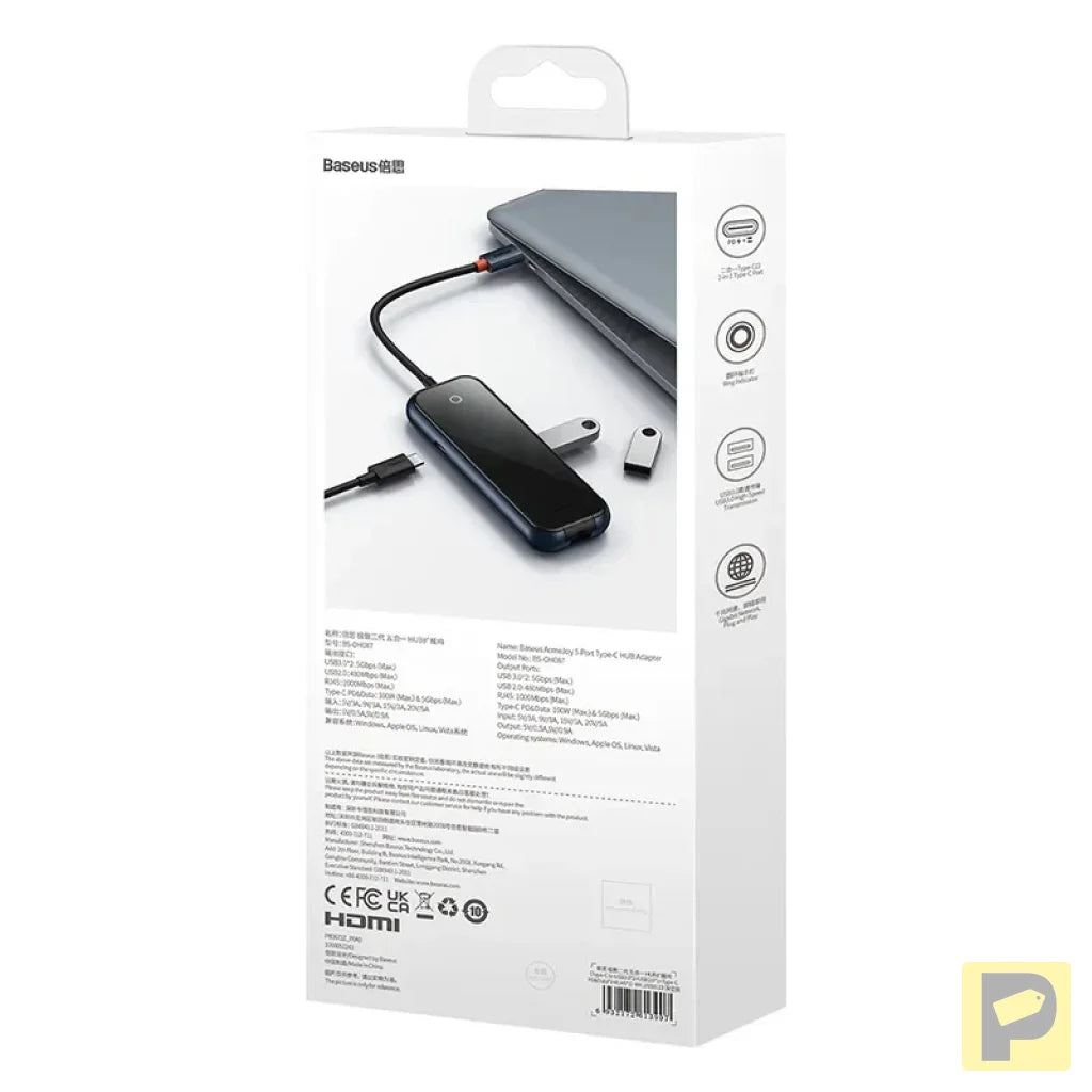 Hub 5in1 Baseus AcmeJoy series USB-C to 2xUSB 3.0 + USB 2.0 + USB-C PD + RJ45 (dark grey)