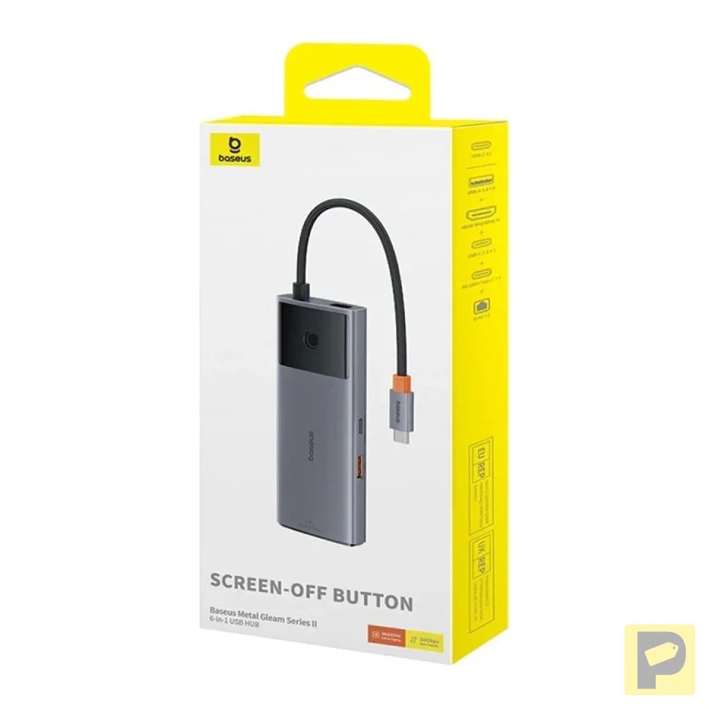 Hub 6in1 Baseus Metal Gleam 2 Series, USB-C to 2xUSB 3.0 +USB-C + HDMI + USB-C PD + Ethernet RJ45