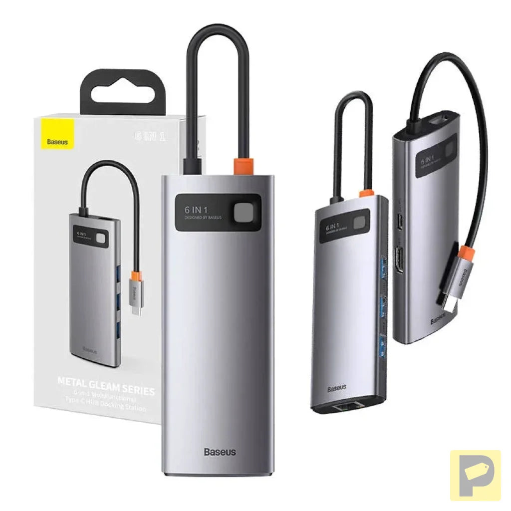 Hub 6in1 Baseus Metal Gleam Series, USB-C to 3x USB 3.0 + HDMI + USB-C PD + Ethernet RJ45
