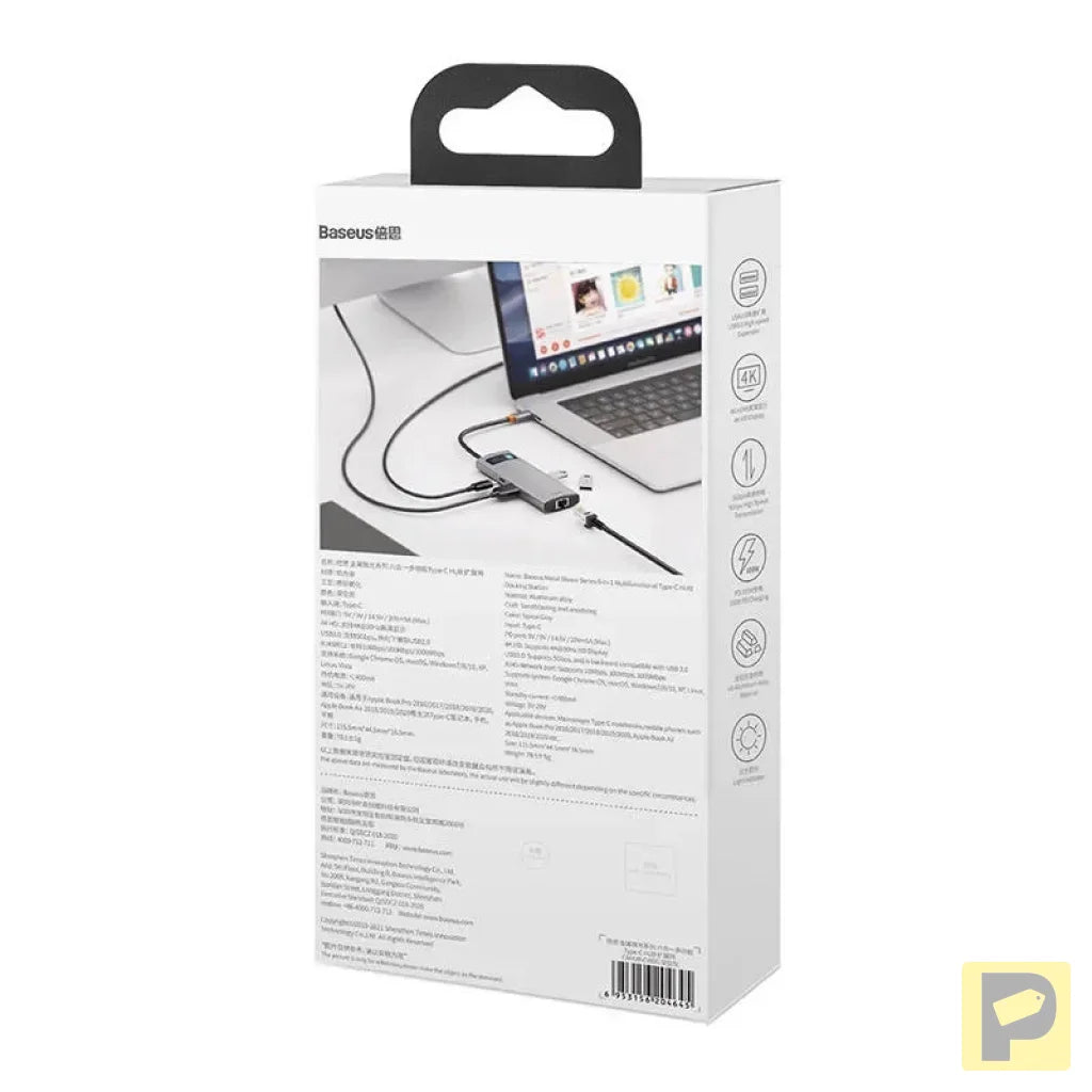 Hub 6in1 Baseus Metal Gleam Series, USB-C to 3x USB 3.0 + HDMI + USB-C PD + Ethernet RJ45